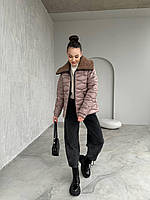 Женская весенняя,стеганная,теплая оверсайз куртка с воротником барашек.Курточка стильная на молнии,силикон 150 Мокко, 42/44