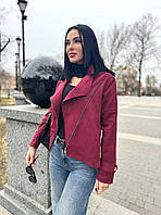 Женская замшевая Куртка бомбер на молнии | Легкая курточка жакет | Куртка-косуха на весну | Норма и батал Бордовый, 42/44