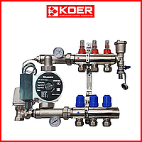 Коллектор для теплого пола в сборе с насосом на 3 контура KOER (Чехия) латунь