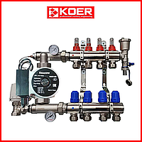 Коллектор для теплого пола в сборе с насосом на 4 контура KOER (Чехия) латунь