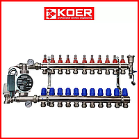 Коллектор для теплого пола в сборе с насосом на 12 контуров KOER (Чехия) латунь