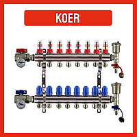 Коллектор для теплого пола в сборе на 8 контуров KOER с расходомерами, термометрами, конечными элементами