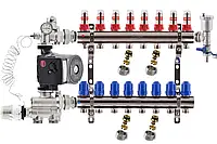 Коллектор для теплого пола Kp-czech в сборе с насосом на 8 контуров |нижнее подключение|