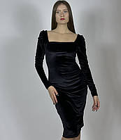 Вечернее черное бархатное платье женское с длинными рукавами по колено приталенное размер 42-48