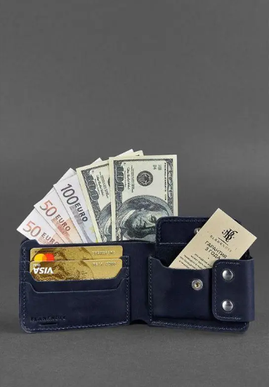 Чоловічі гаманці на кнопці зі шкіри ручної роботи, фірмовий шкіряний натуральний портмоне з монетницею Синій