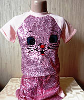 Дитячий костюм Туреччина футболка та спідниця Котик паєтки для дівчинки 2-6 років