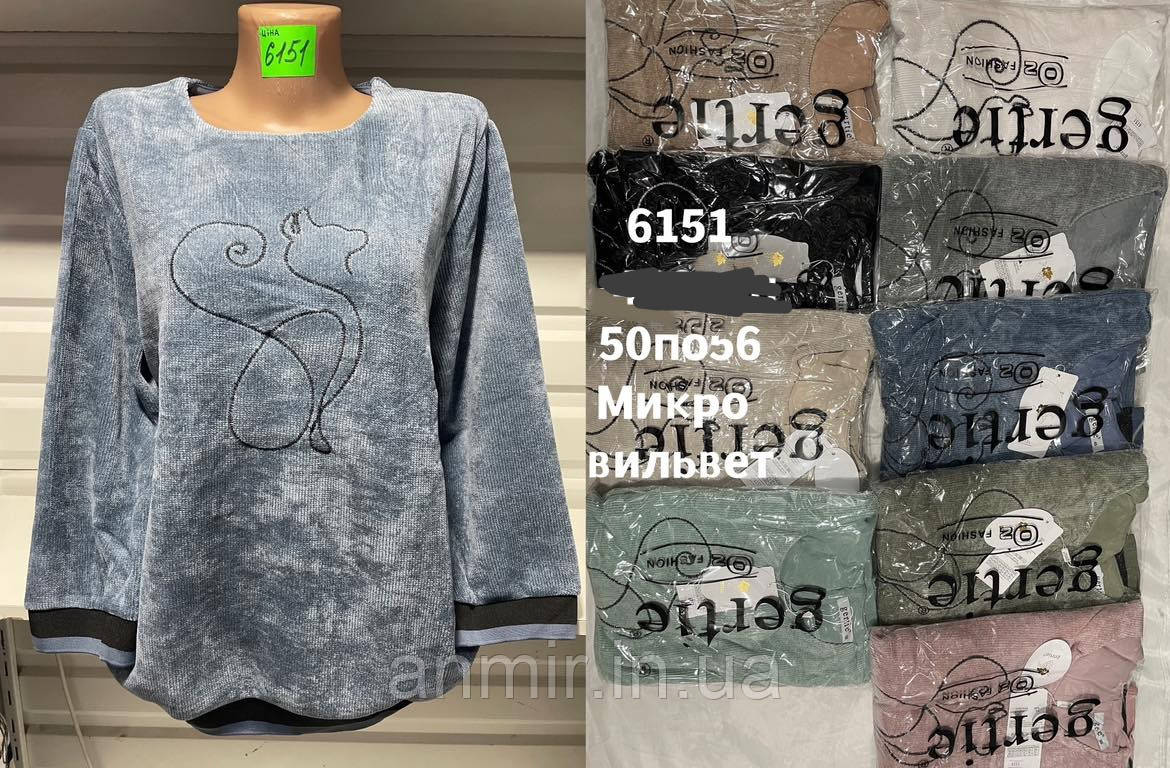Кофта жіноча мікровельвет КОШКА батал розмір 50-56, колір уточнюйте під час замовлення