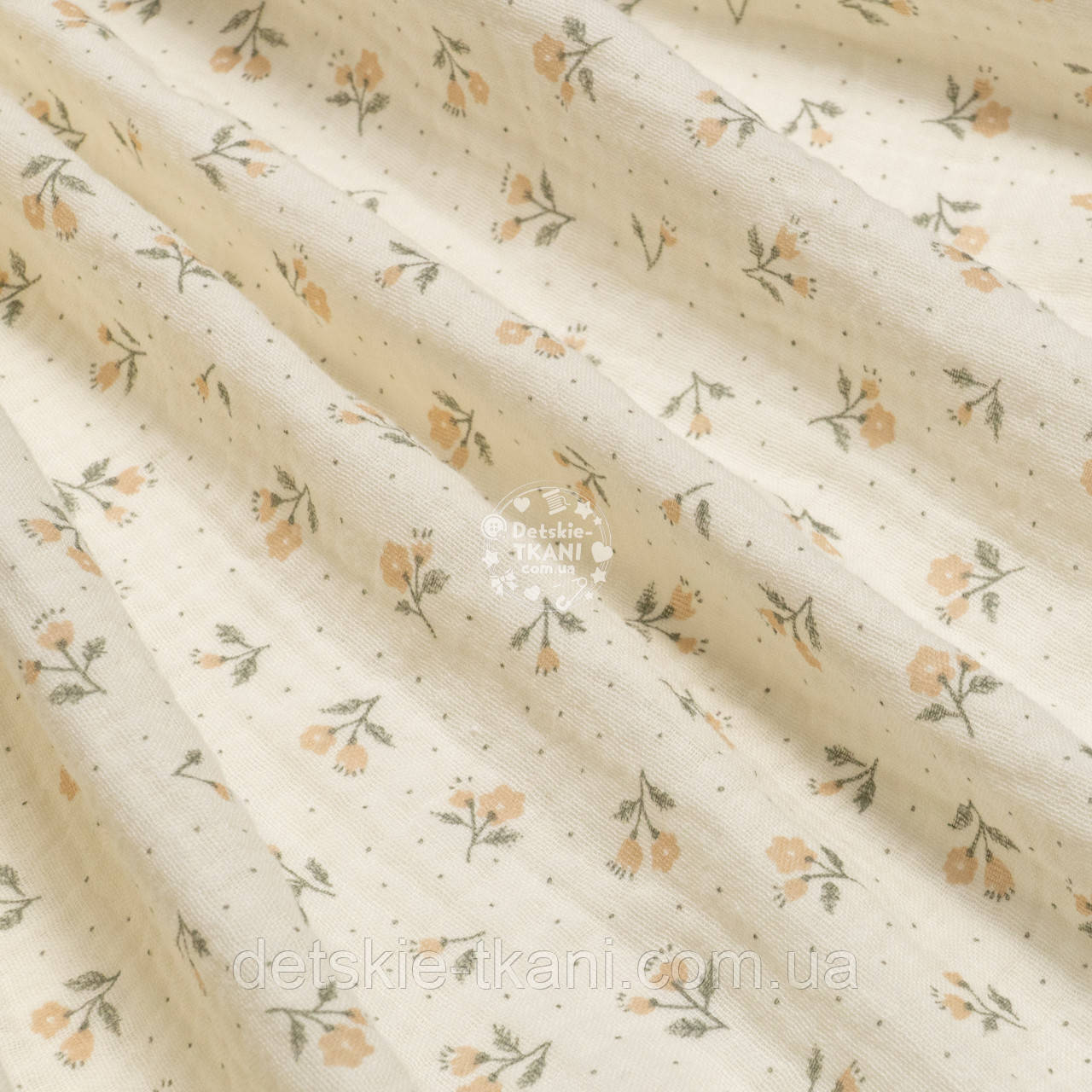 Двошаровий жатий муслін "Бежеві квіточки та крапки на ванільному тлі", ширина 135 см, фото 1