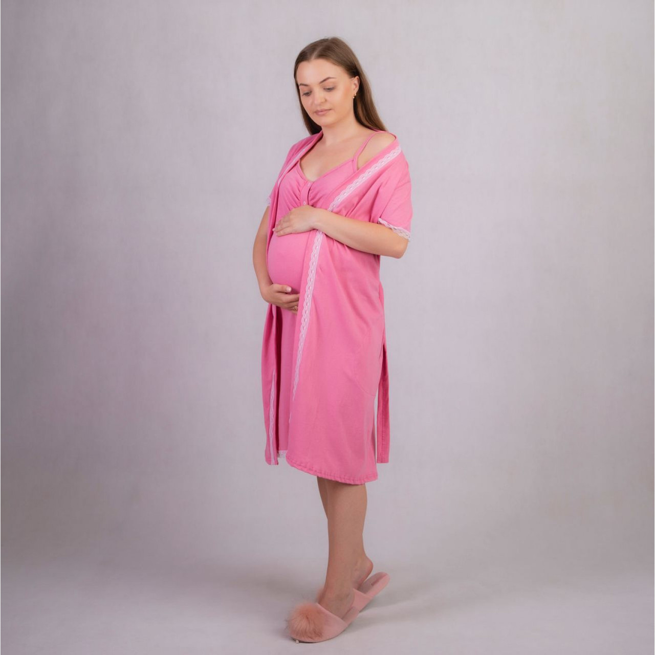 Комплект (ночная рубашка и халат) для беременных и кормящих мам Кружево Размер 42/44 Tiana Розовый - фото 1 - id-p2118011410