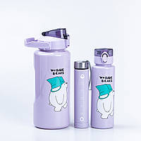 Бутылка для воды Панда набор 3в1 с дозатором 0.3л 0.9л 2л Фиолетовый