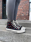 Жіночі кеди Converse Chuck 70 Embroidered Lips високі чорні текстиль Кросівки Конверс, фото 3