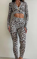 Женский спортивный,весенний,стильный леопардовый костюм двойка(леггинсы+кроп-топ на молнии)