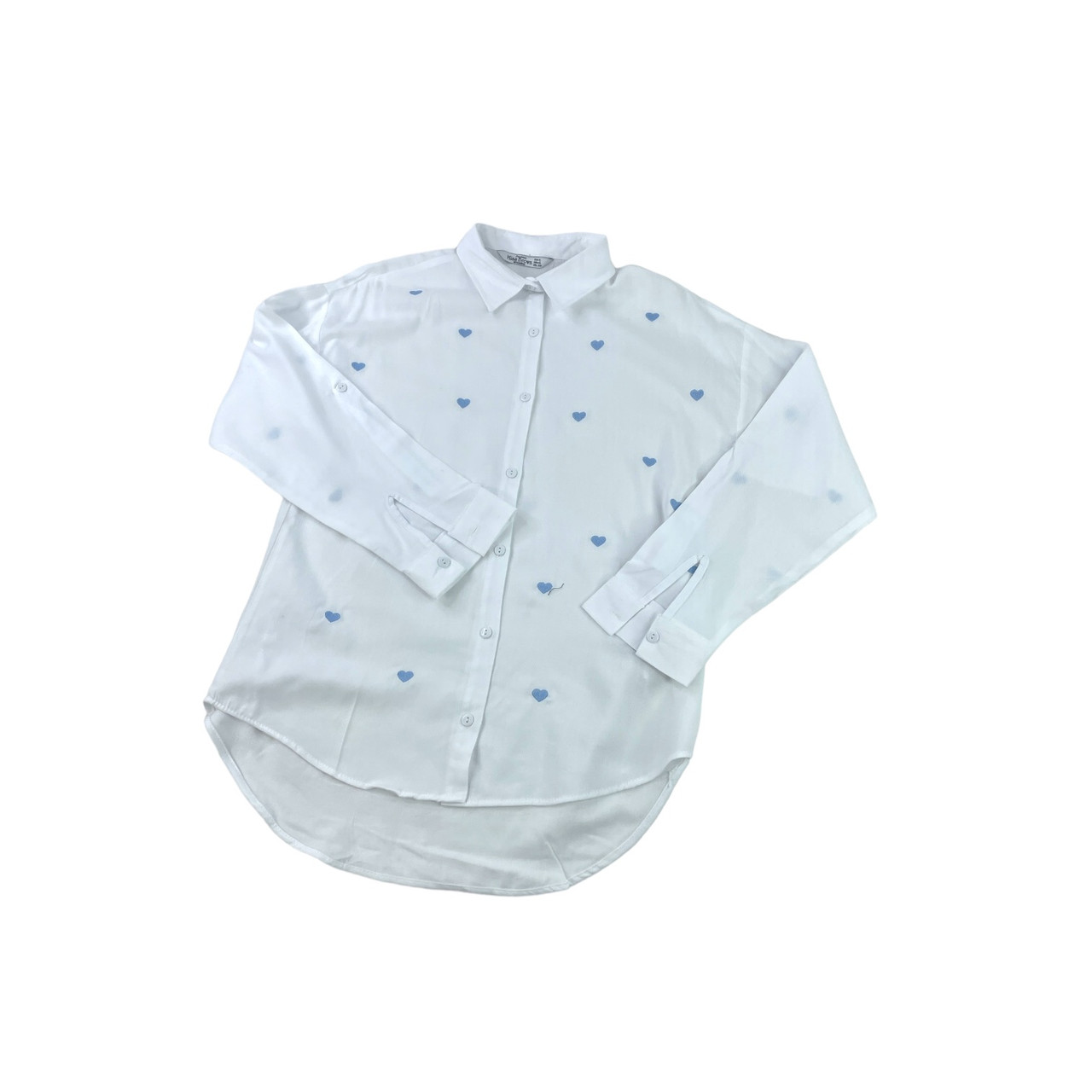 Жіноча сорочка/блуза біла в блакитні серця подовжена (100% Бавовна) (р. S-XL)