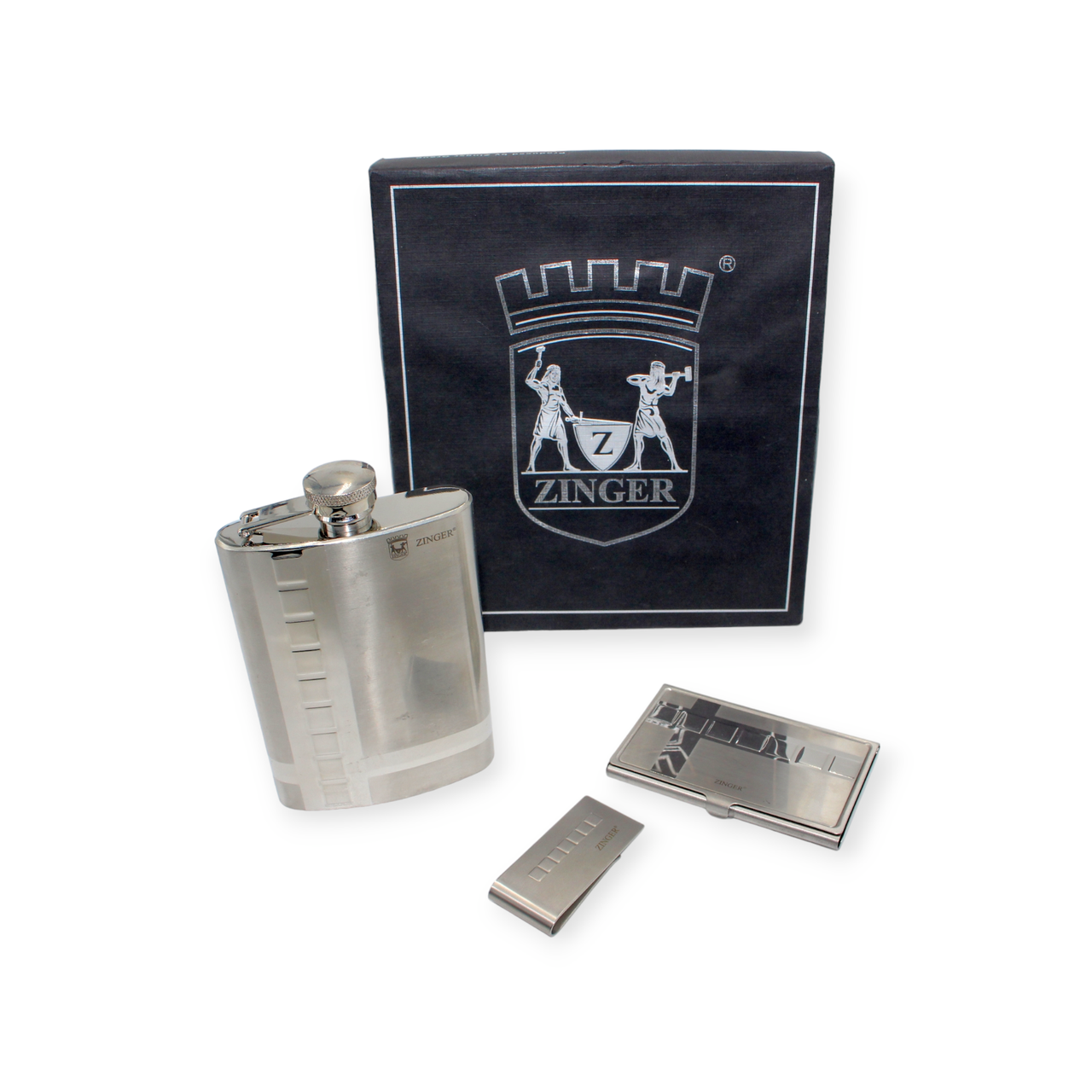 Чоловічий подарунковий набір Zinger стильна фляга, візитниця та затискач для купюр (Некондиція), фото 1