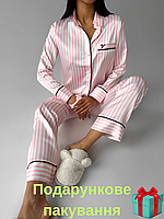 Женская шелковая пижама в полоску Victoria's Secret штаны+рубашка розовая виктория сикрет