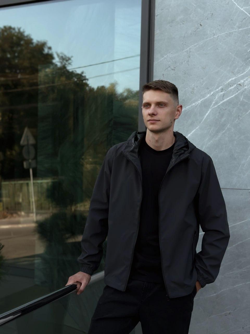 Чоловіча вітровка сіра весняна осіння Куртка демісезонна з капюшоном