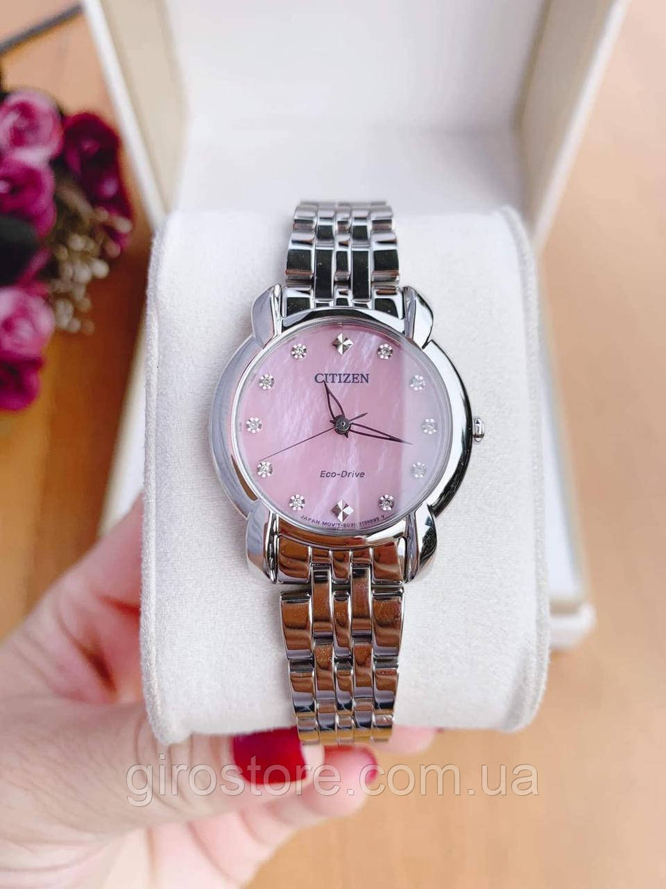 Жіночий годинник з 10 діамантами Citizen Jolie Diamond Eco-Drive з ніжно-рожевим циферблатом EM0710-54Y. Сапфір, фото 1