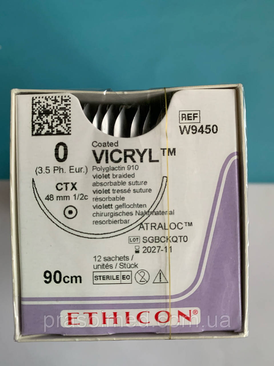 Шовний матеріал Викрил (Vicryl) 0, довжина 90см, колюча голка 48мм W9450, фото 1