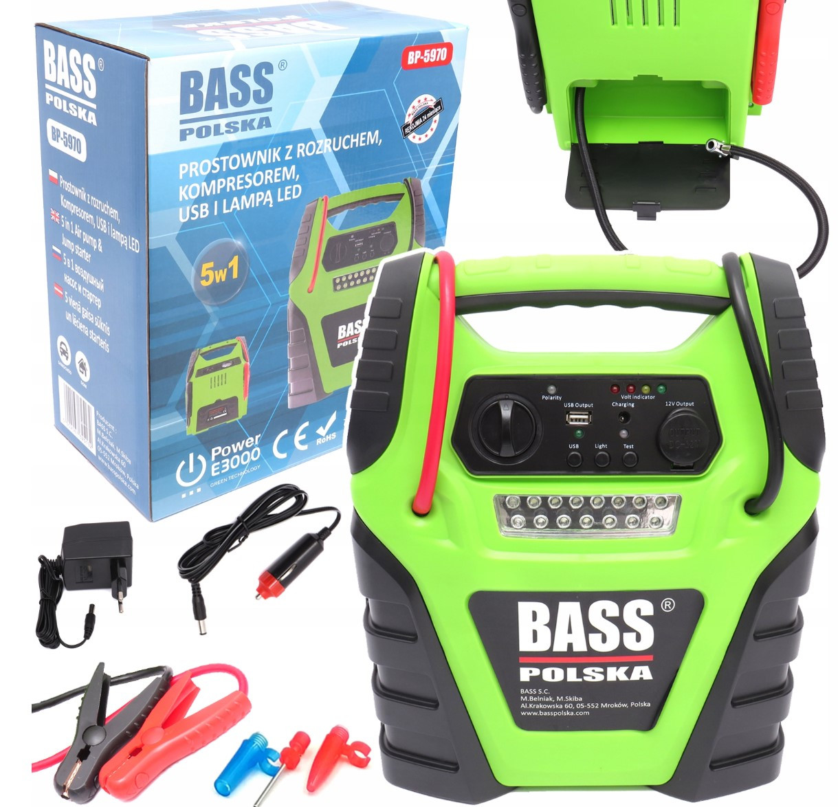 Зарядний пристрій з пуском, компресором,USB та LED лампою Bass Polska 5970