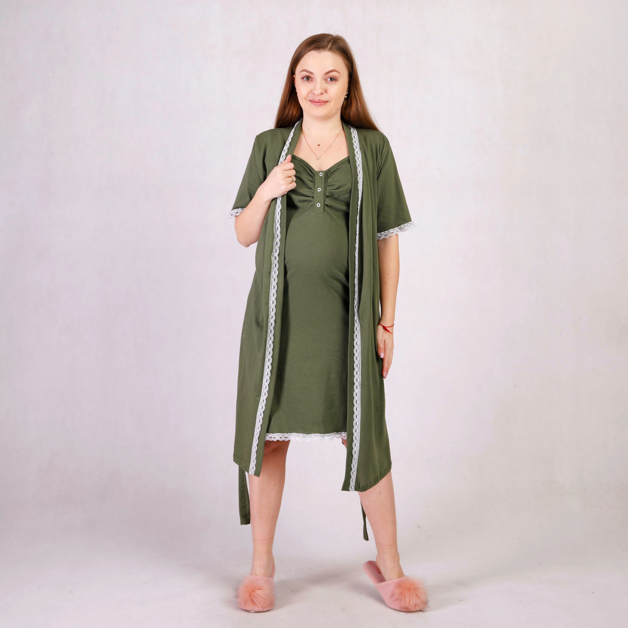 Комплект (нічна сорочка та халат) для вагітних і годуючих мам Мереживо Розмір 46/48 Tiana Зелений