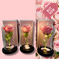 Роза в стеклянной трубке со светодиодной подсветкой LED, подарок на 8 марта, Розовая роза в колбе с подсветкой