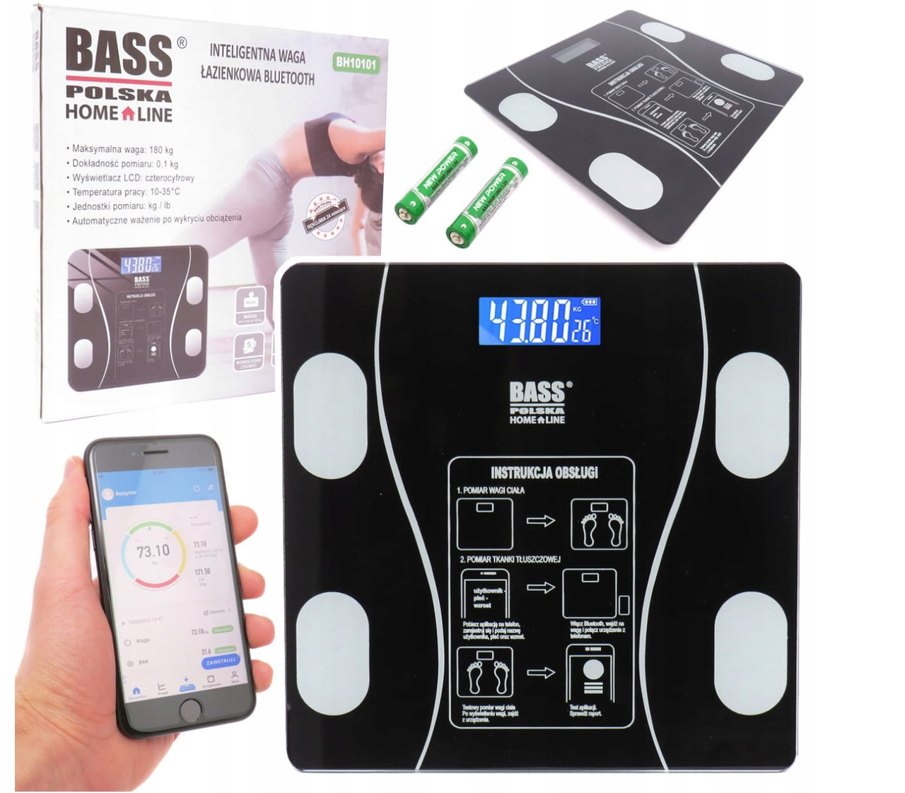 Розумні підлогові смарт ваги з програмою для смартфона через bluetooth Bass Polska BH 10101 Black (чорні)