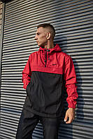 Мужская стильная спортивная куртка-анорак черно-красная из водоотталкивающей ткани