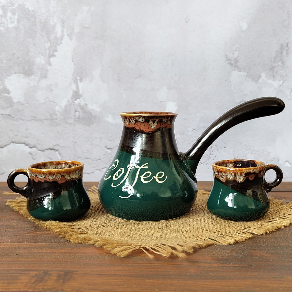 Турка Софія Coffee 350 мл зелена керамічна з чашками + розсікач, фото 1