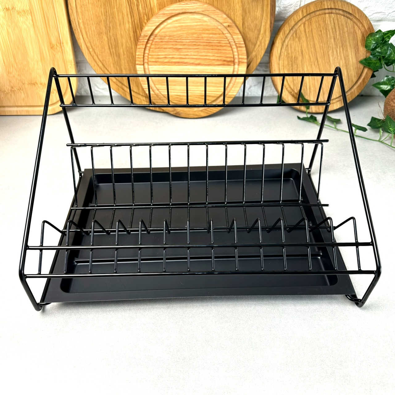 Чорна одноярусна сушарка для посуду 36.5 см з бортиком та піддоном, Люкс