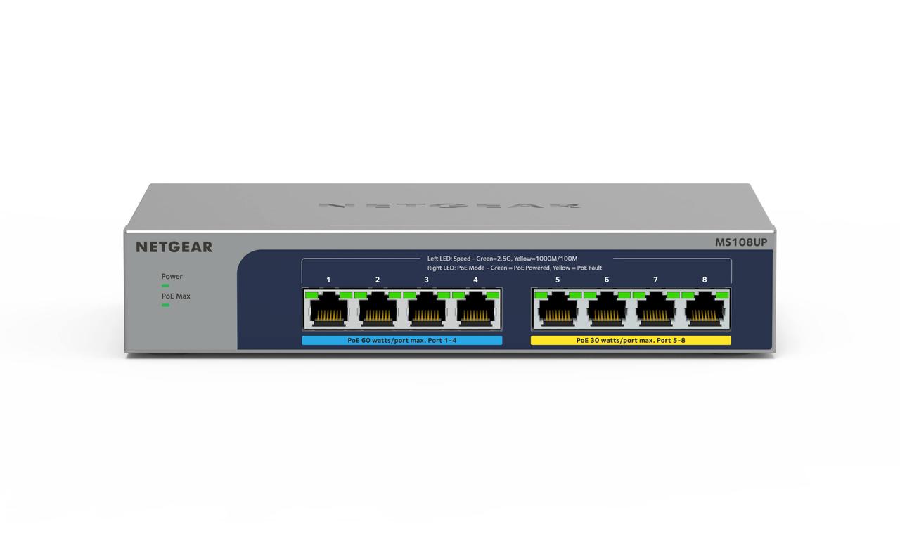 NETGEAR Комутатор MS108UP, 4x2,5GE PoE+, 4x2,5GE PoE++(60Вт/порт), 230Вт, некерований