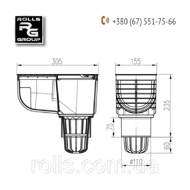 HL660E Дощеприймач DN110 для водостічних труб d 75-110мм