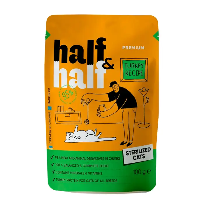 Вологий корм для котів Half&Half Sterilized pouch 100 г - індичка