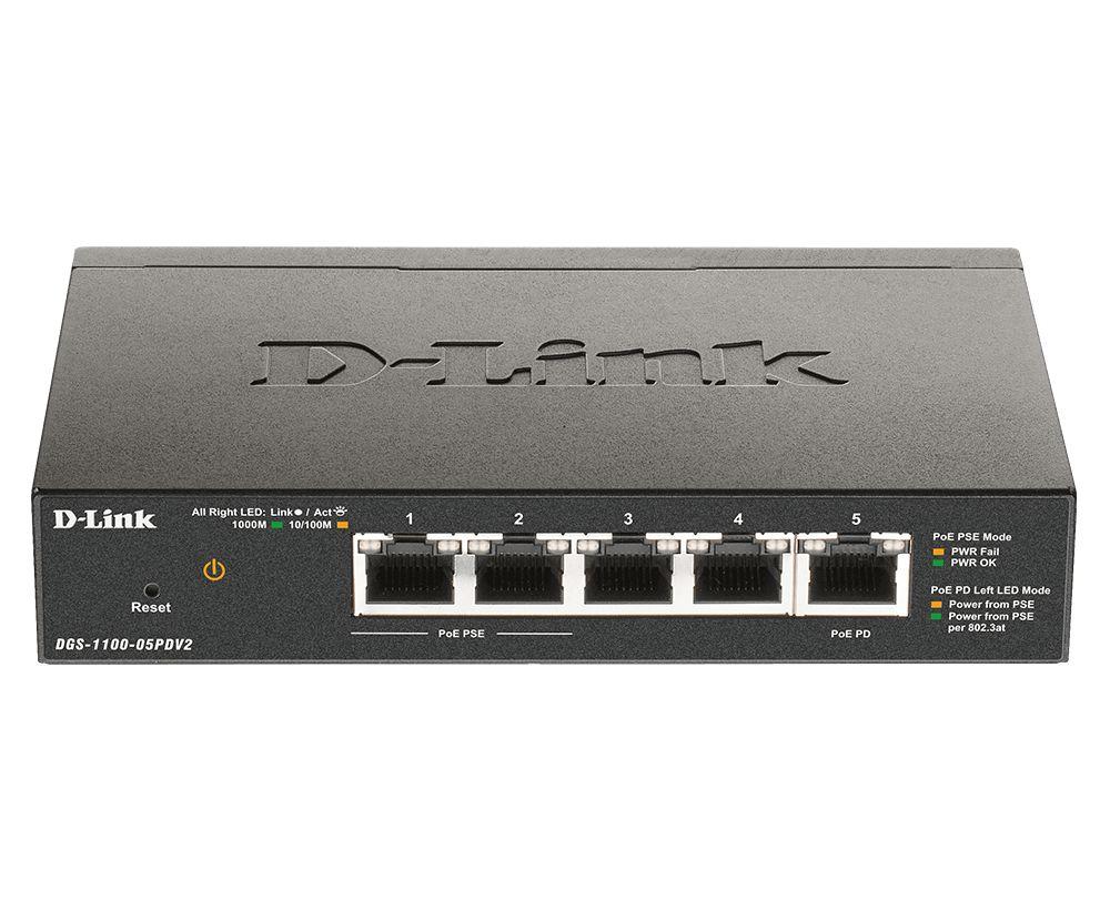D-Link Комутатор DGS-1100-05PD 5xGE, (2xGE, 2xGE PoE, 1xGE PD), EasySmart