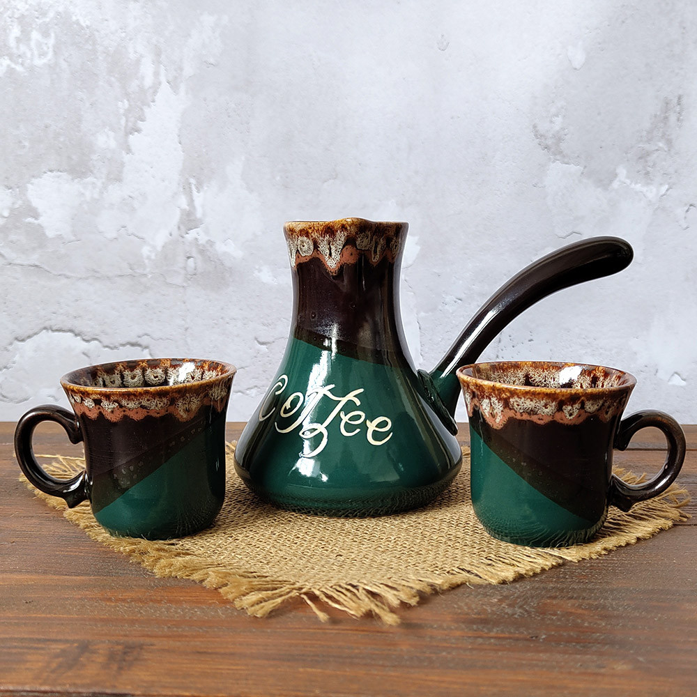 Турка Асканія Coffee 400 мл зелена керамічна з чашками + розсікач, фото 1