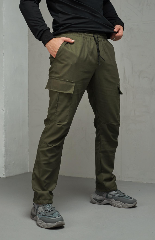 Чоловічі спортивні демісезонні штани карго хакі з манжетами і кишенями, фото 1
