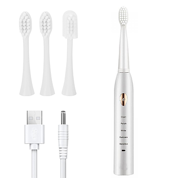 Електрична зубна щітка акумуляторна + 4 насадки щітки, Біла / Акумуляторна щітка для зубів / Електрощітка зубна