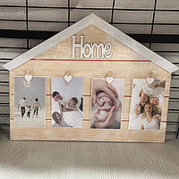 Фоторамка колаж "Home" дошка домик на 4 фото з прищіпками сердечками