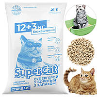 Древесный наполнитель (12+3 кг) для кошачьего туалета, SuperCat Стандарт / Натуральные гранулы в лоток для