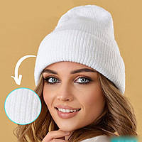 Осенняя женская шапка с отворотом Белая №6 / Двойная теплая шапка в рубчик / Вязаная демисезонная шапка