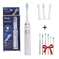 Электрическая зубная щетка Shuke с 4-мя насадками Белая + Подарок Набор инструментов для чистки ушей