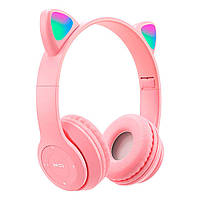 Беспроводные Bluetooth наушники с кошачьими ушками и подсветкой Cat Miu Star P47 Розовые / Детские наушники