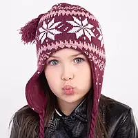 Зимняя детская шапка-ушанка на 5-10 лет, Бордовая / Вязаная теплая шапочка для девочки / Утепленная шапка