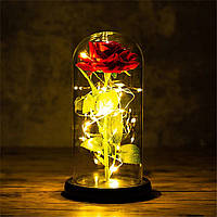 Роза в стеклянной колбе с LED подсветкой, 20см, на батарейках, Красная / Цветок в колбе / Вечная роза