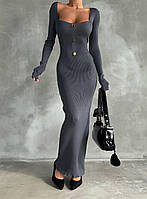 Платье женское, длинное, серое, с кнопками, прилегающий силуэт, с квадратным вырезом