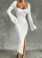 Платье женское, длинное, белое, прилегающий силуэт, с квадратным вырезом, с разрезом на ноге
