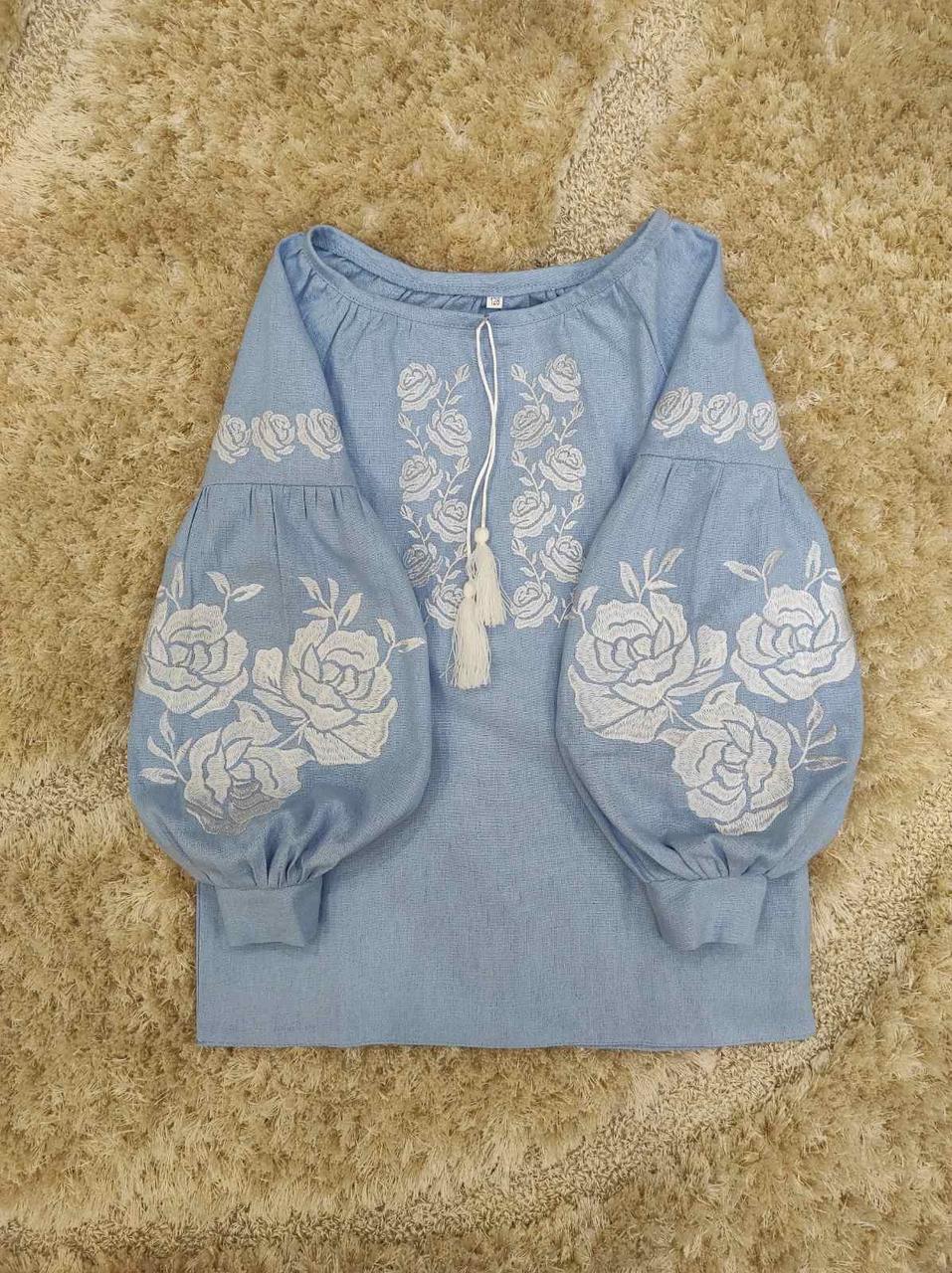 Вышиванка сорочка детская для девочек голубого цвета с вышивкой размеры от 146 по 164 - фото 2 - id-p2118485254