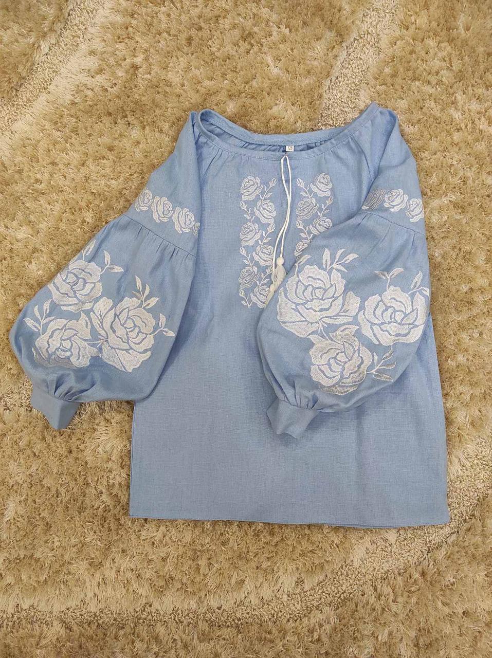 Вышиванка сорочка детская для девочек голубого цвета с вышивкой размеры от 146 по 164 - фото 3 - id-p2118485254