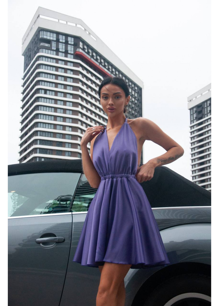 Вечірня бузкова коротка сукня атласна з пишною спідницею та відкритою спиною, фото 1