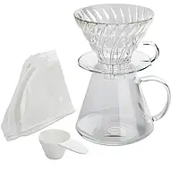 Набор Hario Glass V60 Заварник 600 мл, Пуровер стеклянный, Чайник Hario V60