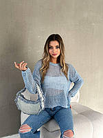 Женский свитер-джемпер, голубой, ажурная машинная вязка